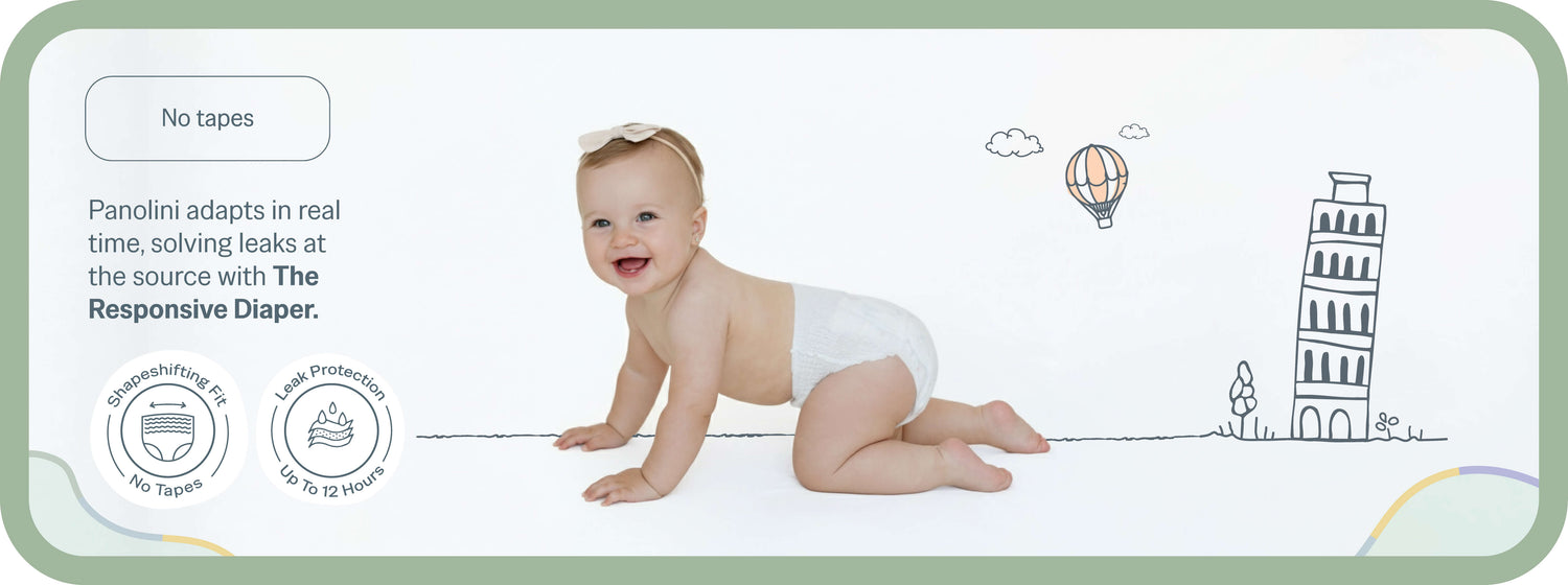 Baby in a diaper crawling on a green background with product features highlighted