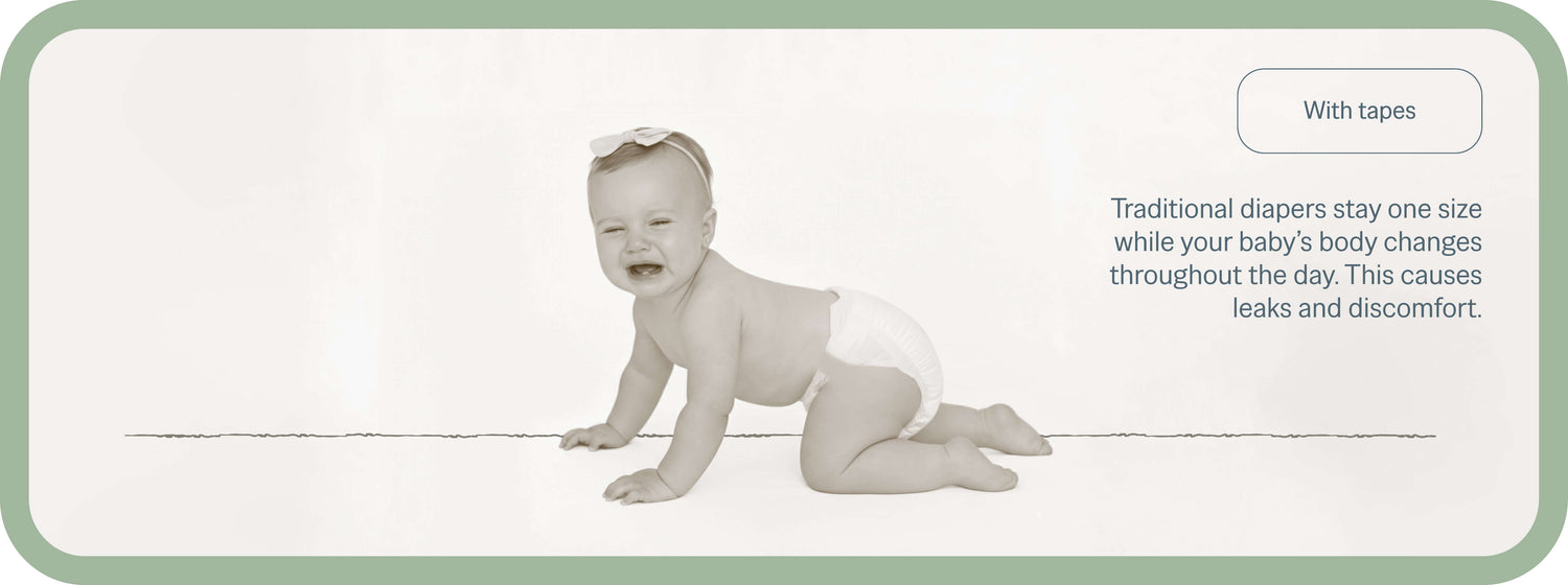 Baby in a diaper with text about traditional diaper comfort issues on a light green background