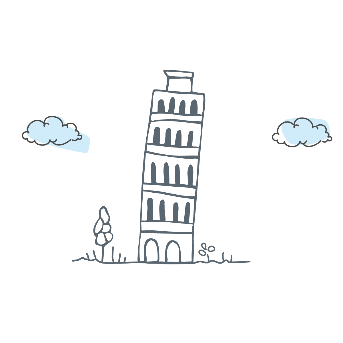 Doodle of the Leaning Tower of Pisa with two clouds on a white background