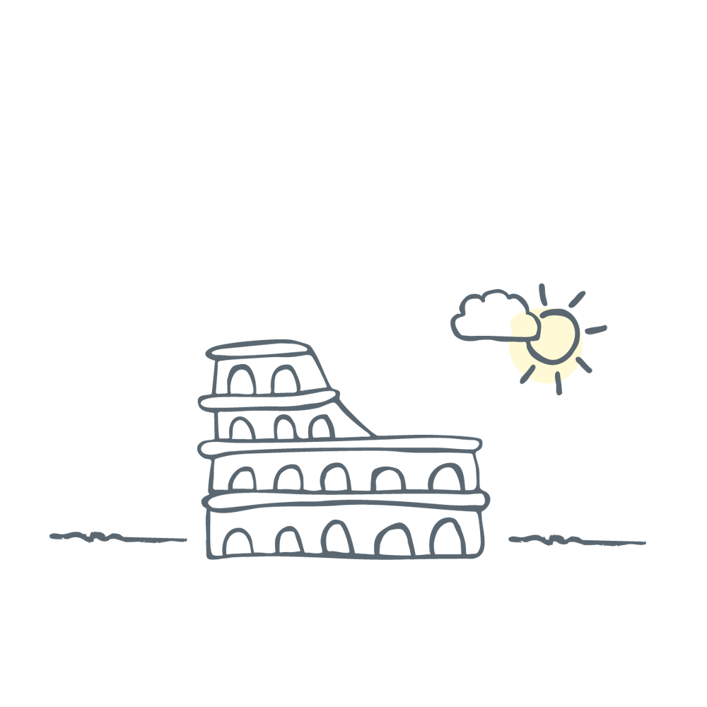 Illustration of the Colosseum with a sun on a white background