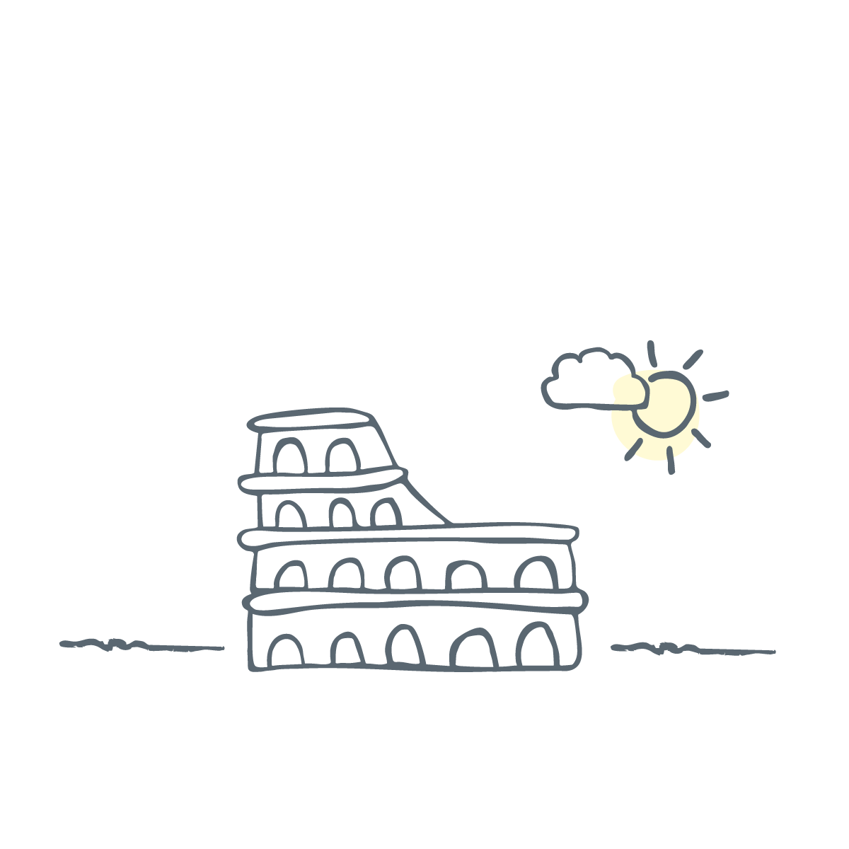 Illustration of the Colosseum with a sun on a white background