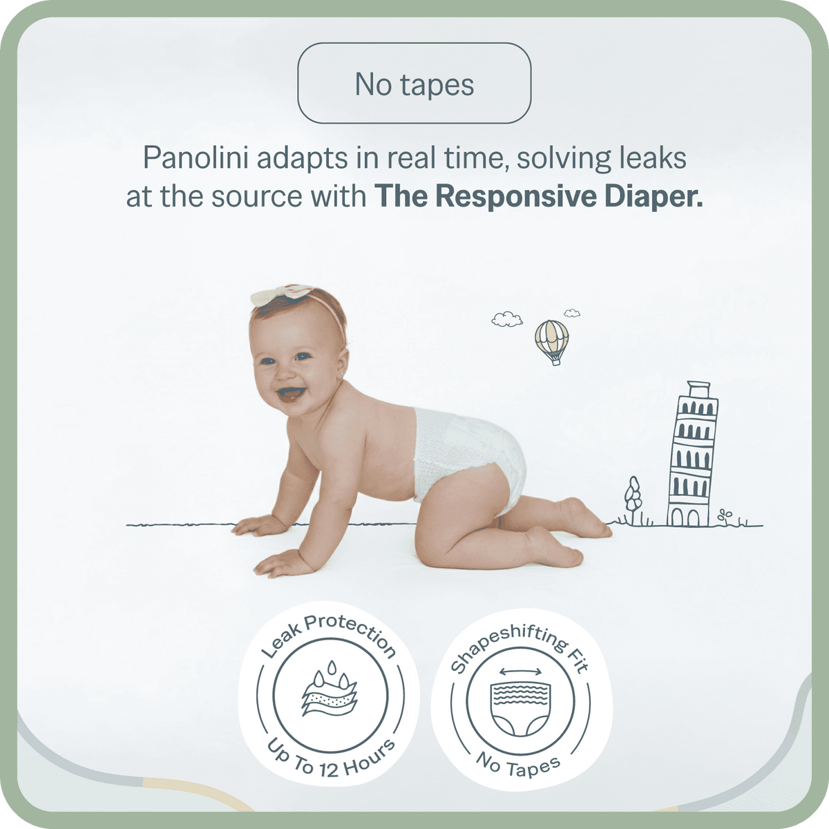Advertisement for Panolini diapers showing a baby and key features on a light gray background.