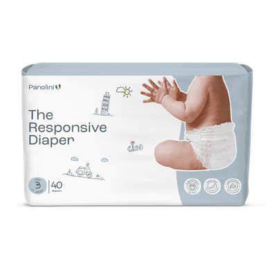 Panolinii diaper package with a child wearing a diaper on a white background