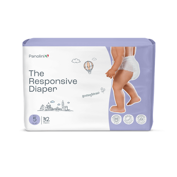 Panolini diaper package with a child wearing a diaper on a white background