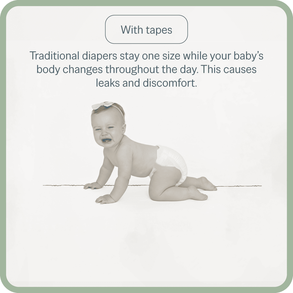 Baby crawling on a white background with text about traditional diapers.